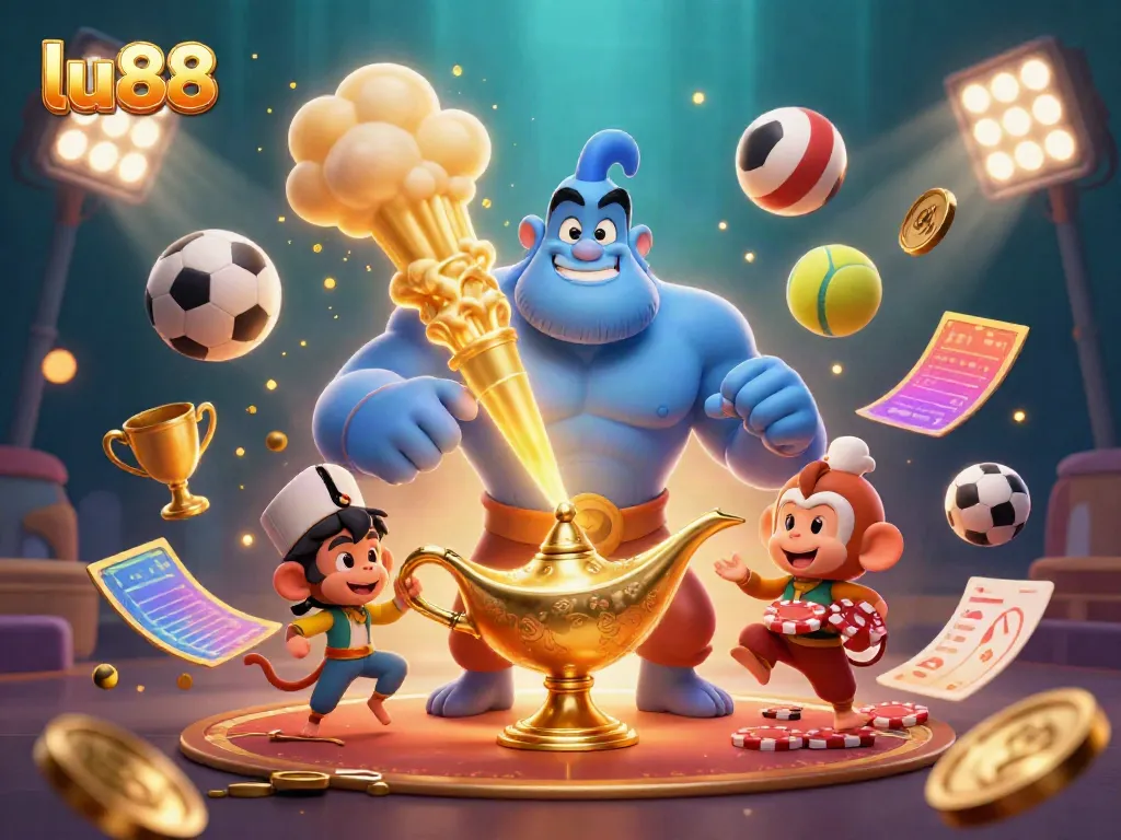 Experience thrilling action at lu88, with a vibrant scene of a genie, monkey, and flying poker chips in a casino setup.