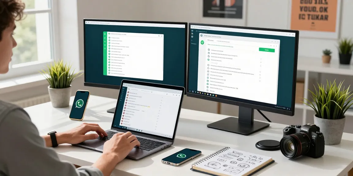 Using WhatsApp電腦版 on a modern desk with dual monitors and a laptop in a bright workspace setting.