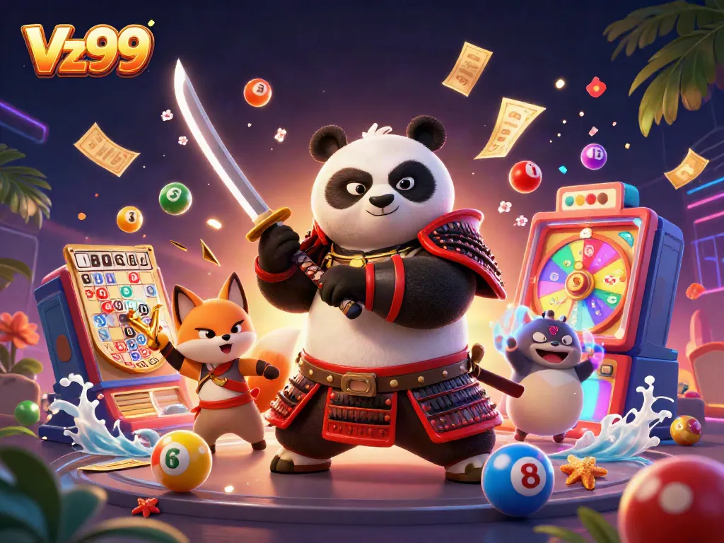 Experience the vibrant world of Vz99 with a dynamic 3D illustration featuring engaging gambling elements.