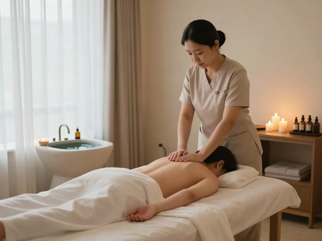 화곡동출장안마 experience in a serene massage studio with soothing atmosphere, calming lighting, and professional therapist.