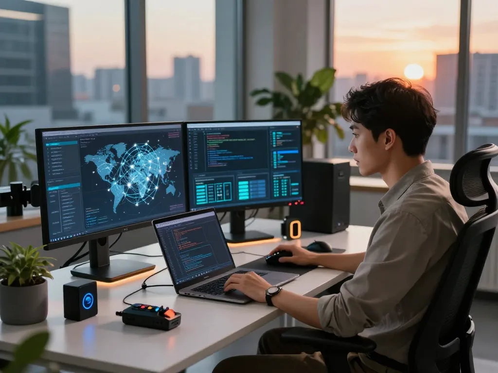 快连 network performance analysis in a modern digital workspace with multiple monitors.