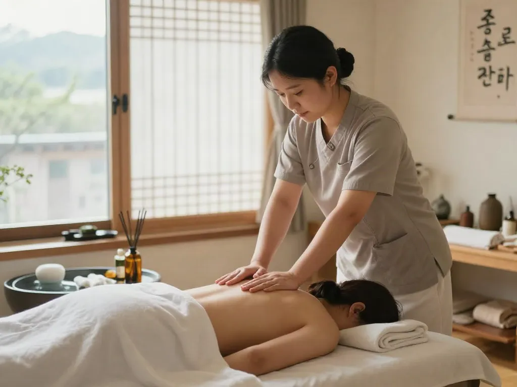 Relaxing 종로출장안마 session in a serene wellness environment with a therapist and client.