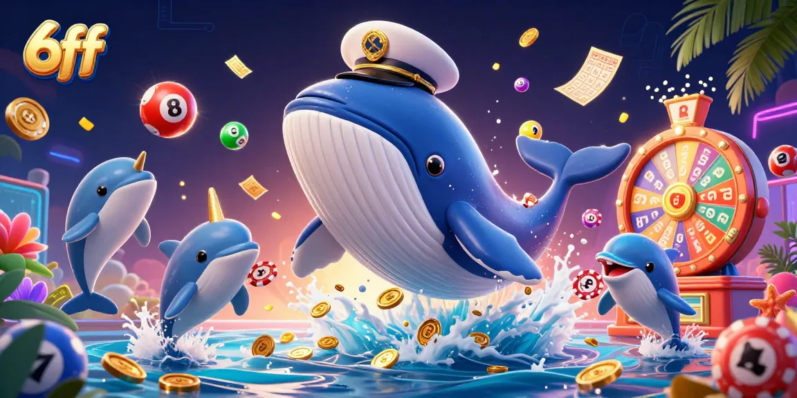 Engage in 6ff's thrilling gameplay with a 3D whale and vibrant casino elements.
