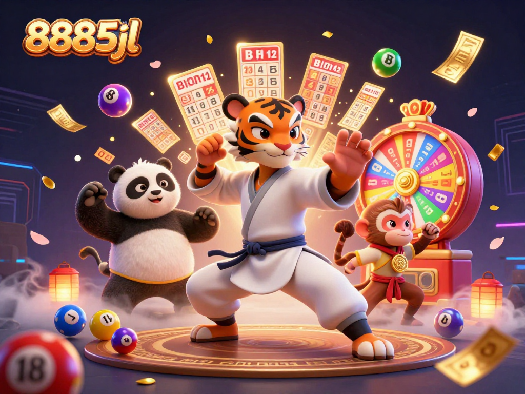 Engage with 8885jl as a kung fu tiger master amid vibrant lottery elements and gold tickets