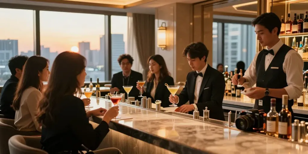 강남타이밍의 고급스러운 라운지에서 음료를 즐기는 고객들 모습