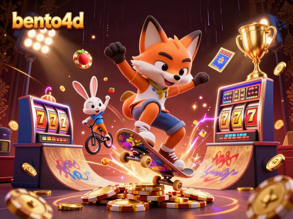 Bento4d showcases vibrant casino action with a skateboarder fox and BMX rabbit amid dynamic slot symbols.