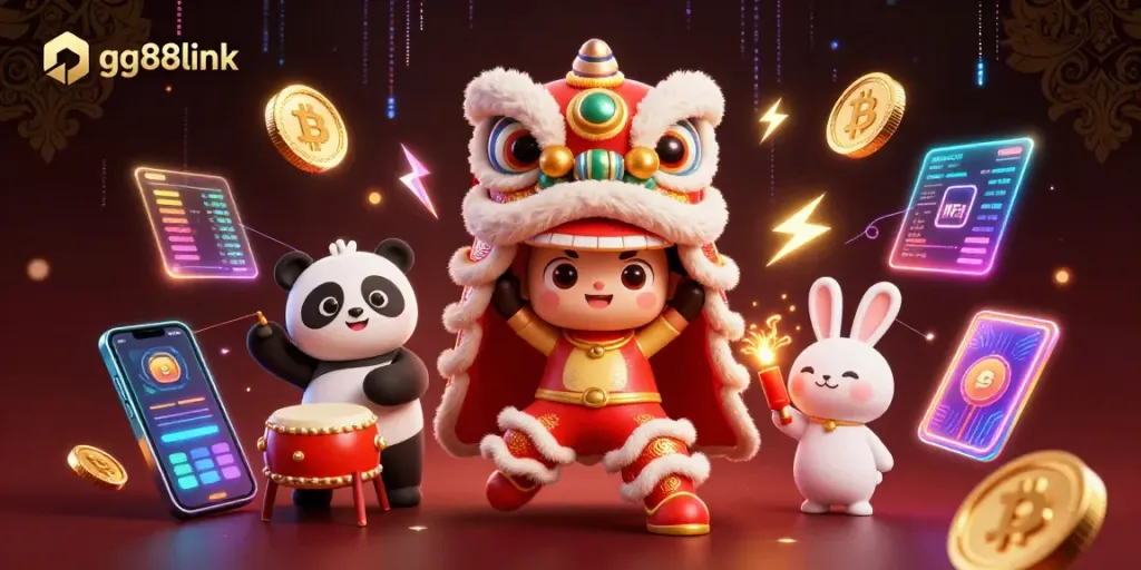 Engage in exciting gaming action with gg88link's vibrant 3D illustration featuring casino characters and crypto elements.