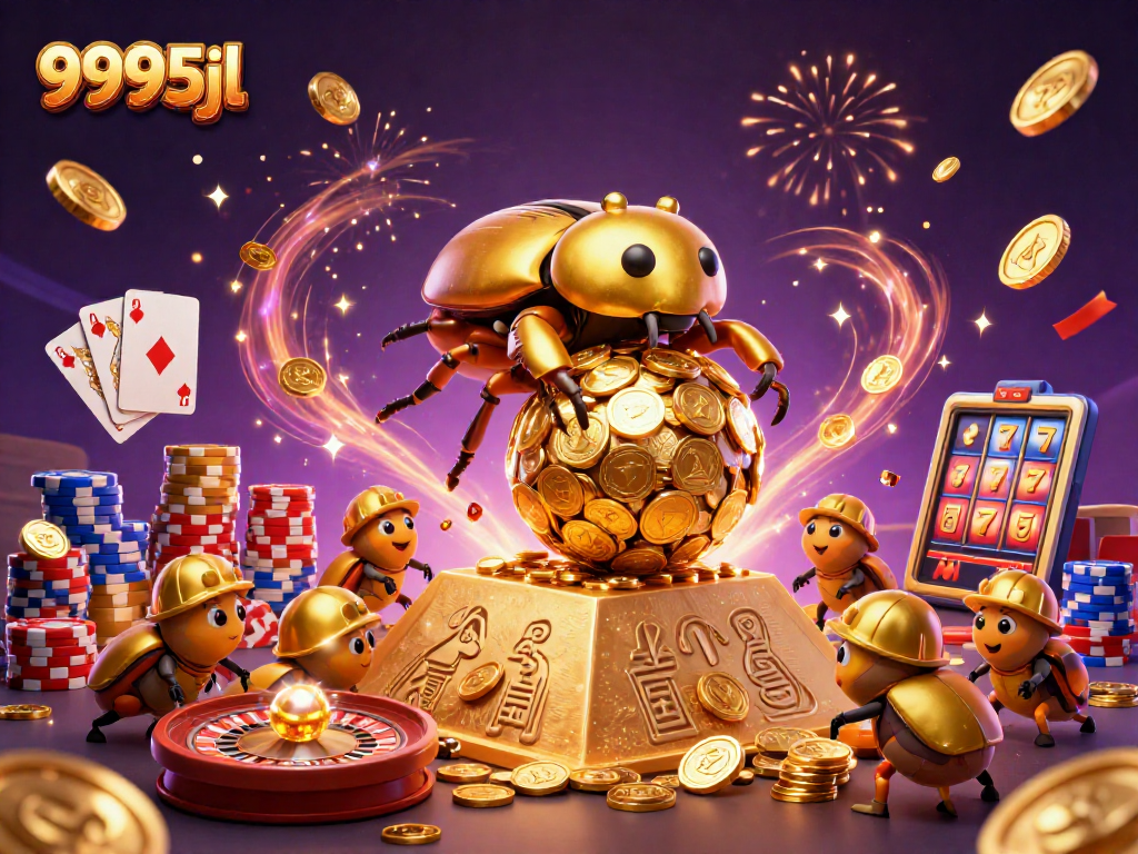 Experience the thrill of 9995jl as gold coins cascade and a roulette wheel spins in a vibrant casino scene.
