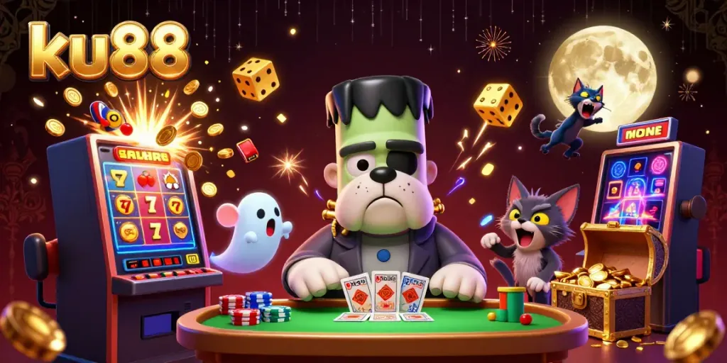 ku88 monster dealing cards at a spooky casino table with floating chips and gold jackpot elements.