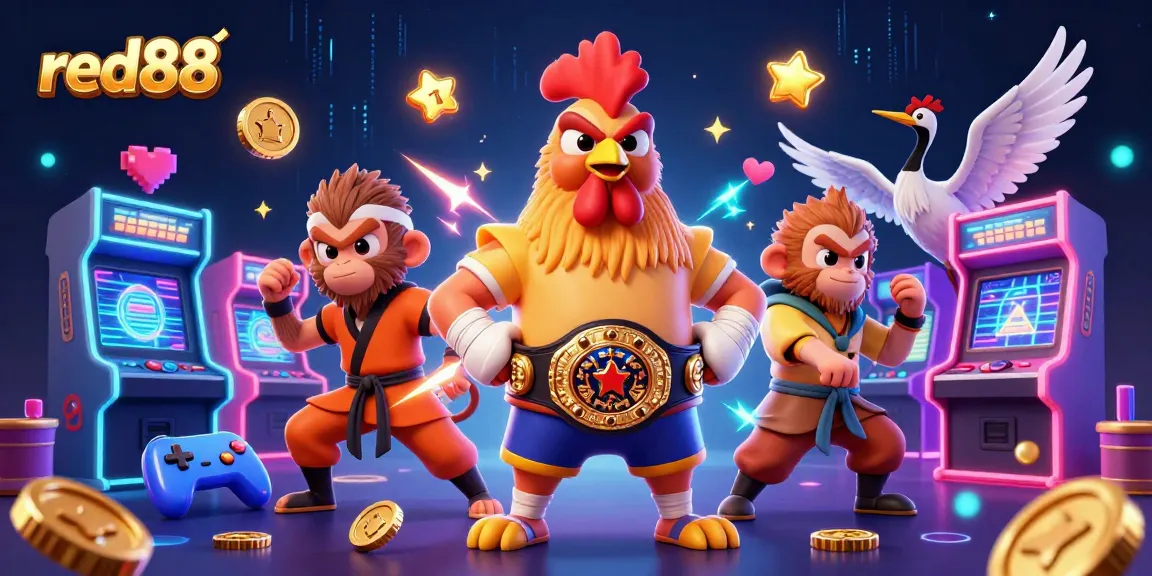 Engage in vibrant gameplay at red88 with fierce characters, dynamic casino elements, and colorful arcade visuals.