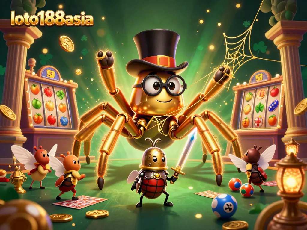 Engage with loto188asia's captivating casino scene featuring a golden tarantula and gaming elements.