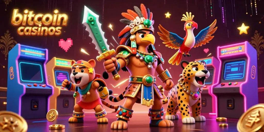 Engaging scene of bitcoin casinos featuring Aztec warriors, arcade elements, and neon effects.