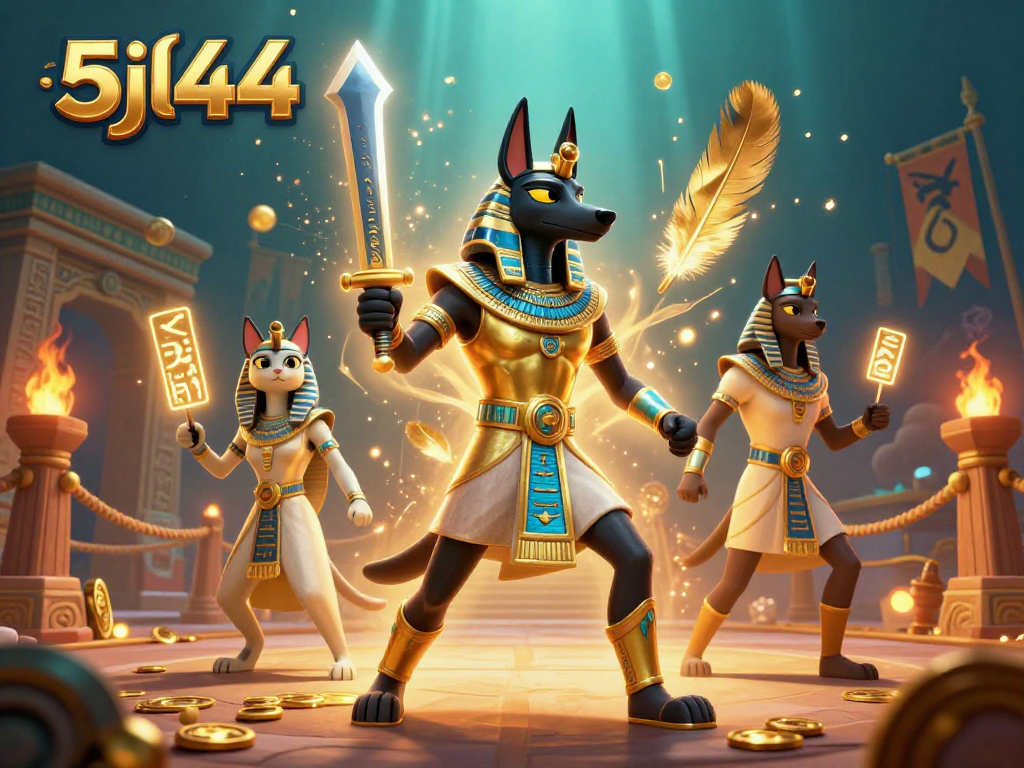 Experience the thrill of 5jl44 with Anubis and Bastet in a vibrant casino scene.