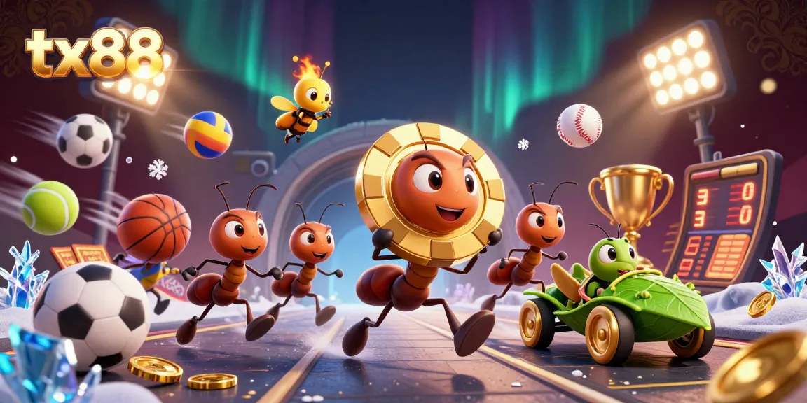 tx88 gaming adventure with cartoon ants, sports balls, and rich casino elements in a vibrant heist scene