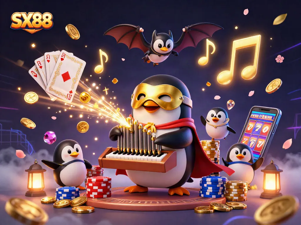 SX88 showcases a captivating casino scene with a penguin playing an organ shooting golden coins, amidst vibrant gaming elements.