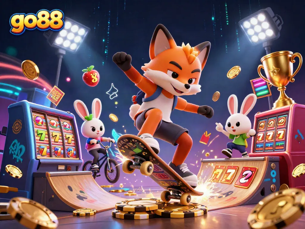 Experience go88 with vibrant casino action featuring dynamic animations and a skateboarder fox.