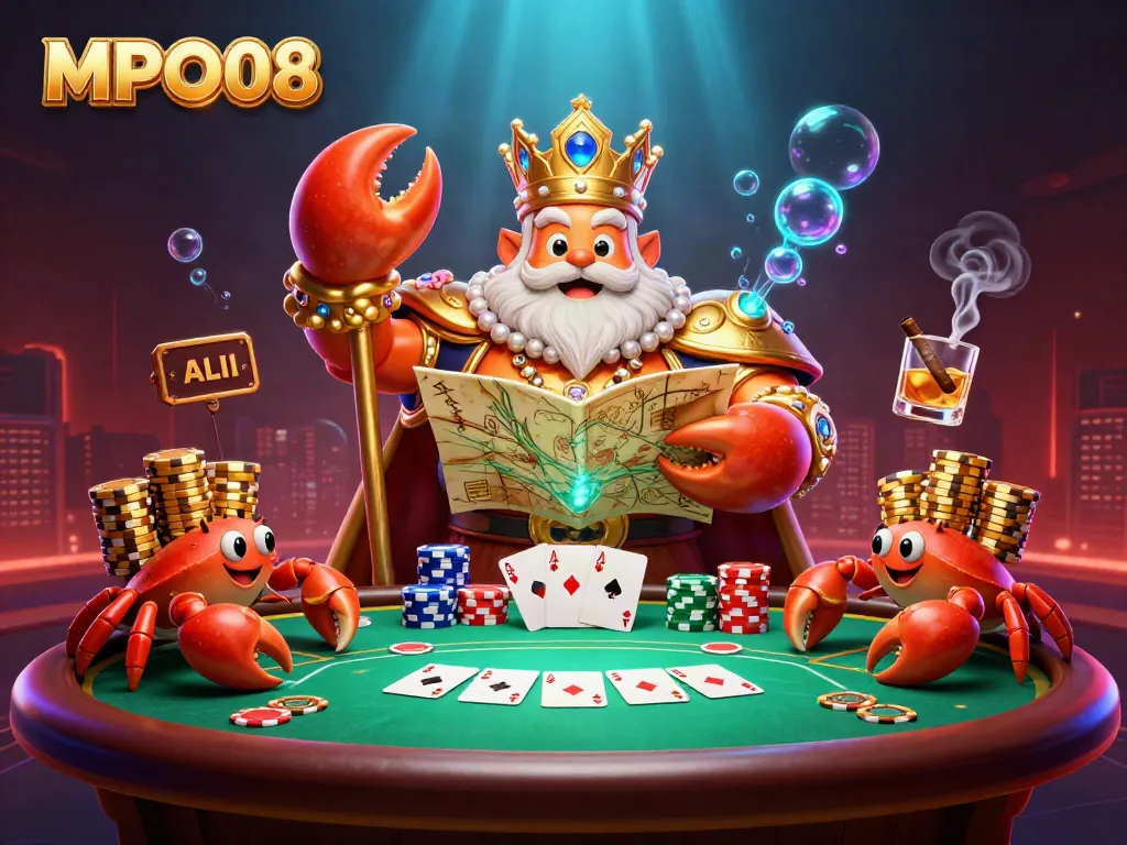 Experience the excitement of MPO08 with a vibrant 3D scene featuring a golden crab emperor and poker elements.
