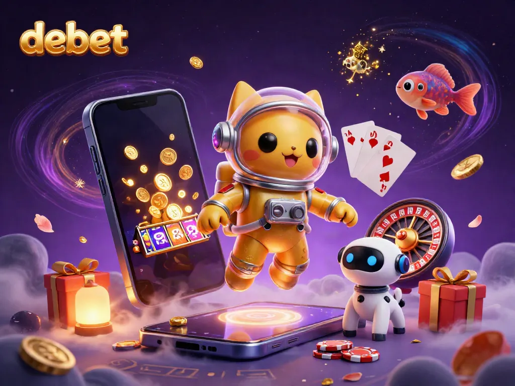Engage with debet's thrilling casino experience featuring a space astronaut cat and robot dog in an exciting 3D scene.