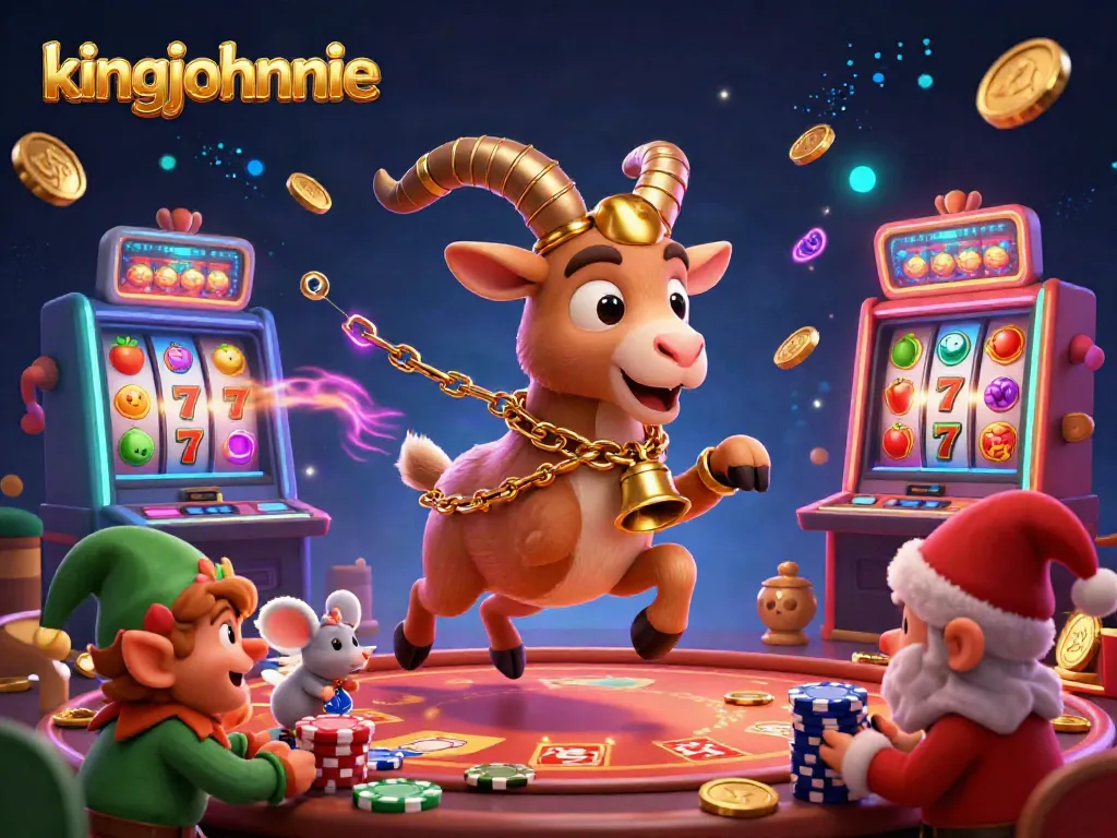 Experience kingjohnnie's vibrant casino with Krampus, angel mouse, and elf gremlins amidst spinning slots and festive chaos.
