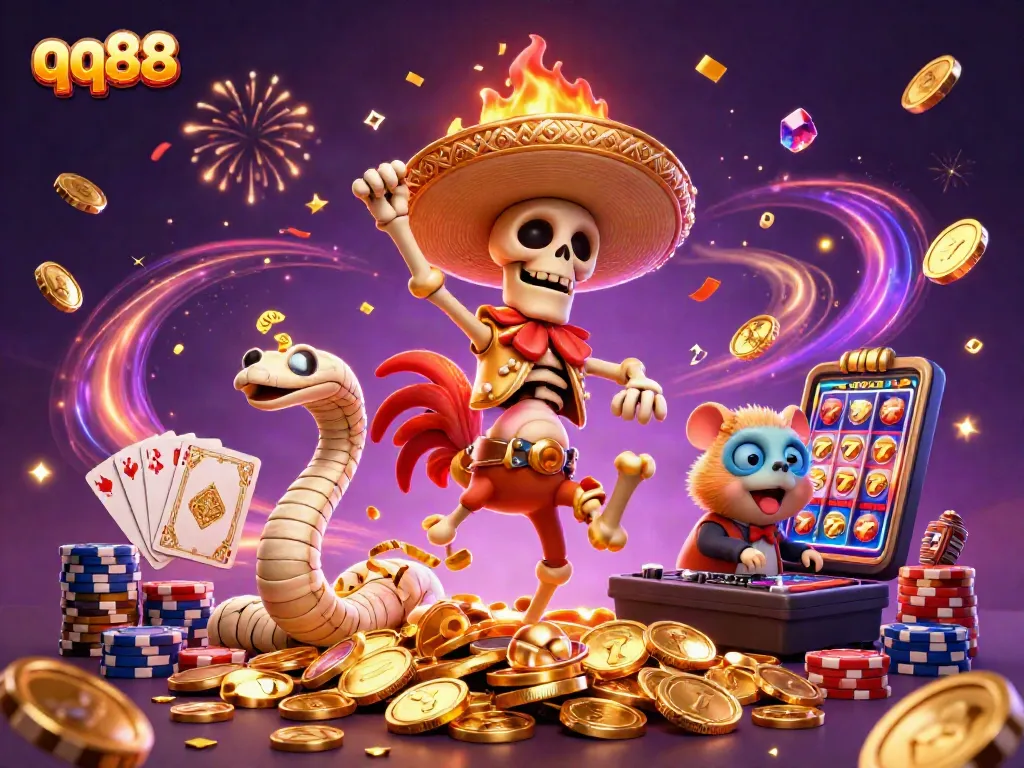 Experience the thrilling action of qq88 with a vibrant scene of casino characters and sparkling elements.