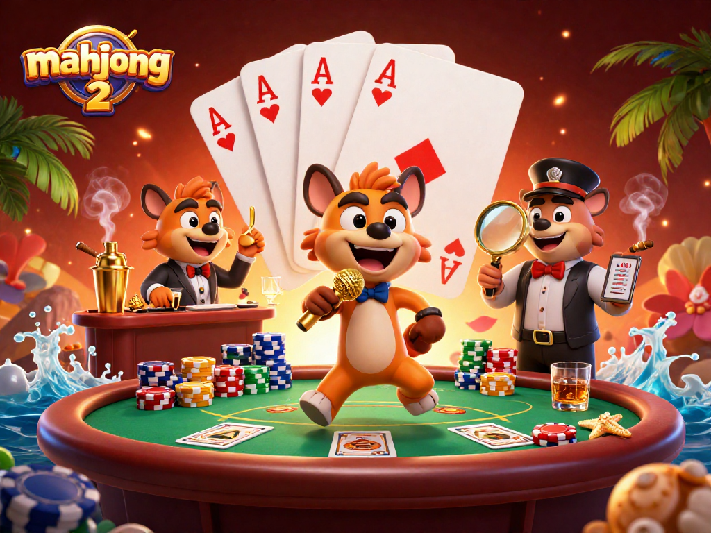 Experience mahjong 2 action in a vivid casino setting with lively hyena characters.