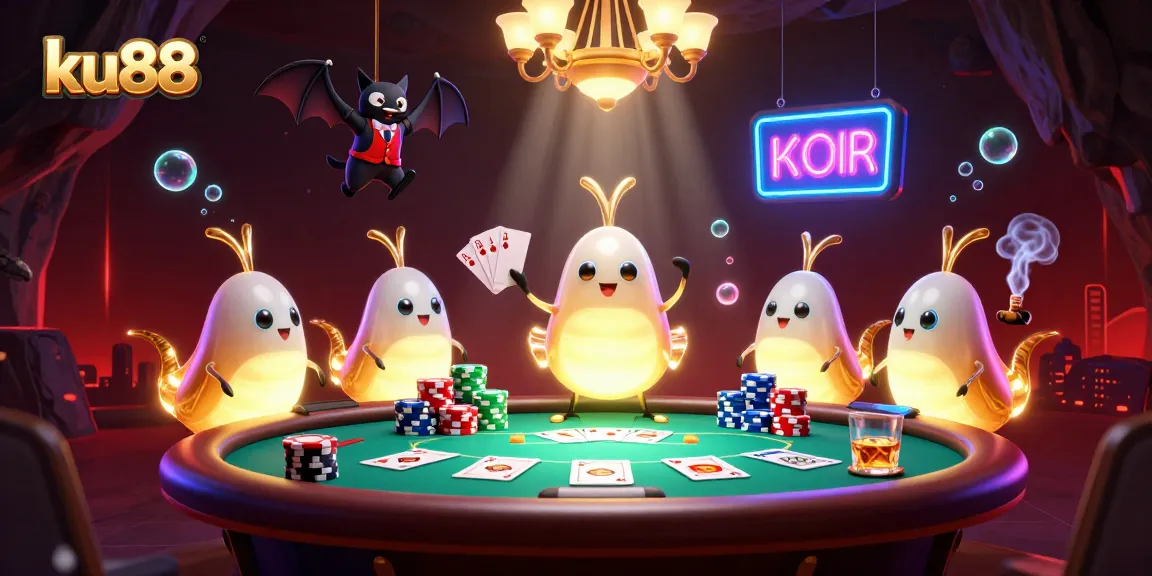ku88 glowworms illuminate a vibrant cave casino, showcasing a poker table and bat dealer