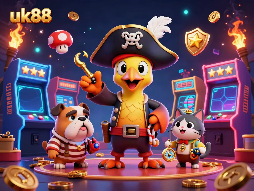 Engage with thrilling gameplay at uk88, where a pirate captain and friends navigate a vibrant casino full of arcade elements.