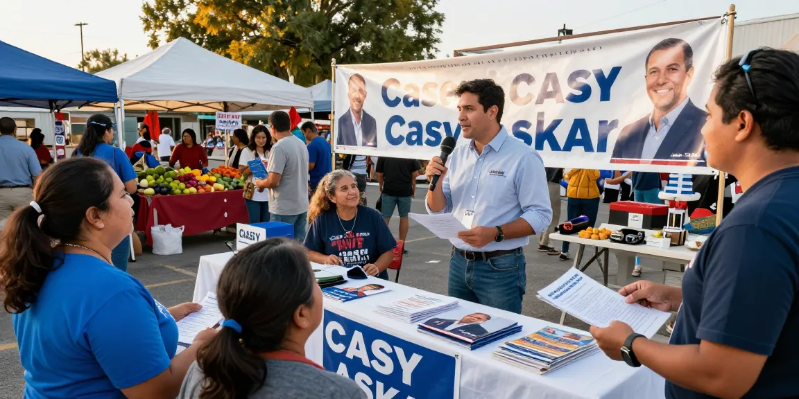 Community engagement scene with Casey Askar interacting with voters at a local event.