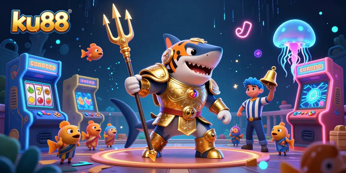 Engage with ku88's vibrant underwater casino scene featuring a tiger shark, exciting slot elements, and arcade energy.
