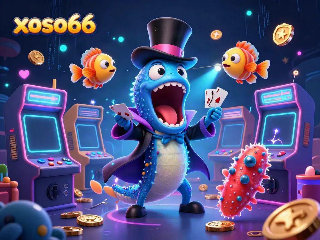 Xoso66 showcases a lively 3D magic-themed casino scene with creative aquatic characters performing in a vibrant gaming environment.
