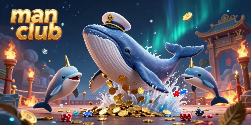 Engage in the man club adventure with whale captain breaching coins, playful dolphins, and poker chips.