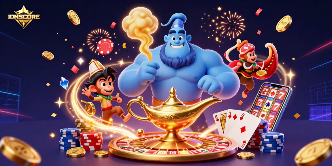 IDNSCORE showcases an exhilarating gaming experience with a genie and magical elements in a casino-like atmosphere.