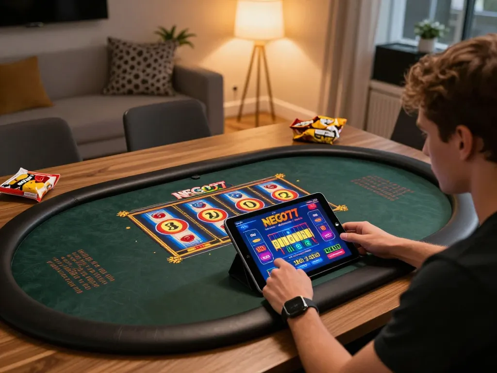 Engaging in NEGO77 daftar with a user enjoying online slots in a cozy home setup.