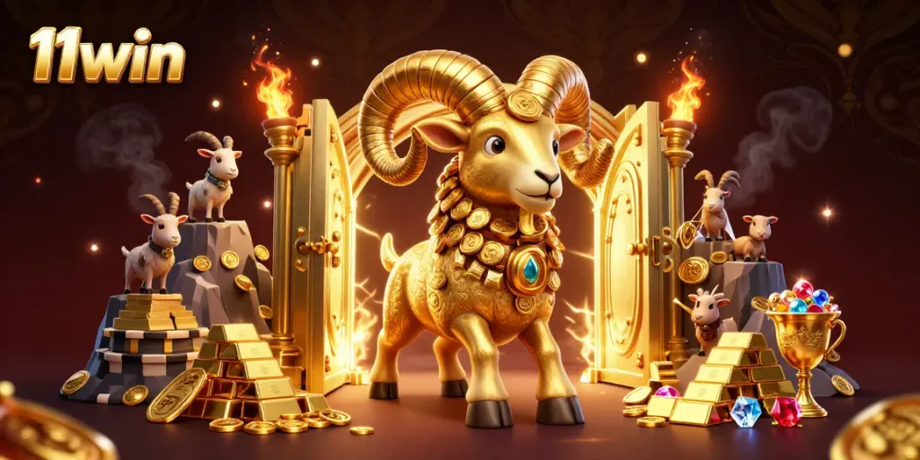 Engage with 11win at a cartoon casino featuring a golden ram, treasures, and dynamic game elements.