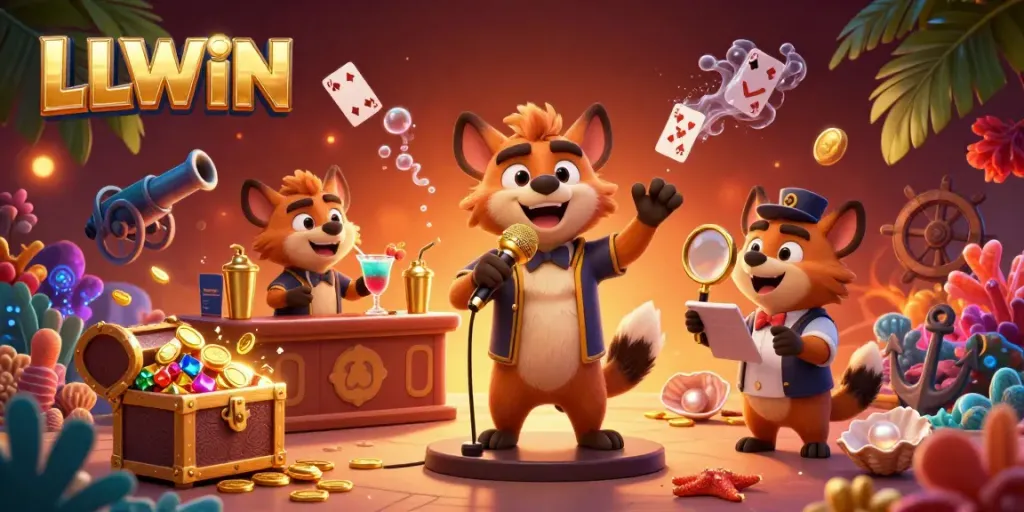 Experience the vibrant comedy casino atmosphere of LLWIN with lively hyenas serving drinks and entertainment.