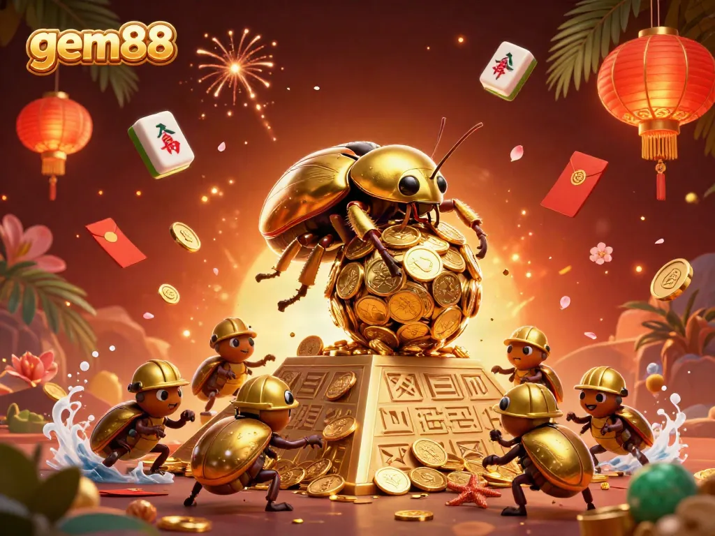 Experience gem88's thrilling gaming adventure with a golden beetle collecting coins.
