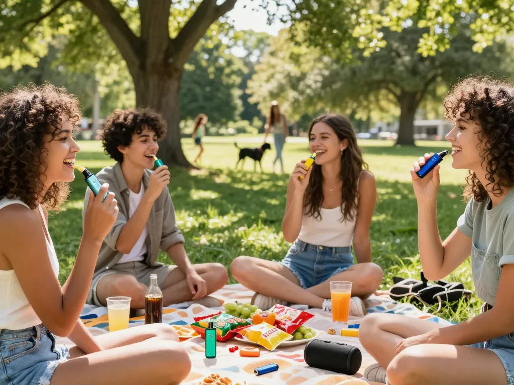 Friends enjoying Clean Carts 2g Disposable outdoors, sharing laughter and snacks in a sunny park.