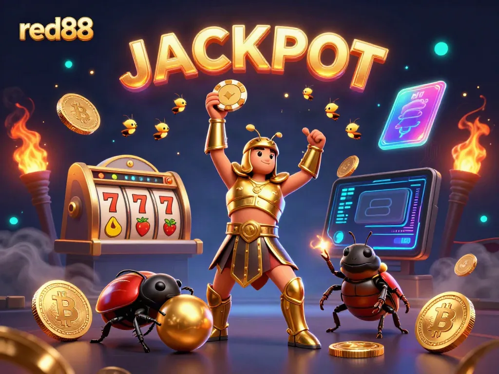 Experience the thrill of red88 with a victorious beetle symbolizing success in online gambling, surrounded by gaming elements.