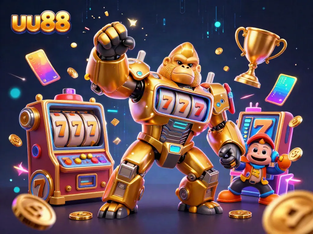 Engage in thrilling slots with uu88's golden gorilla mech replete with jackpots and colorful gaming elements.