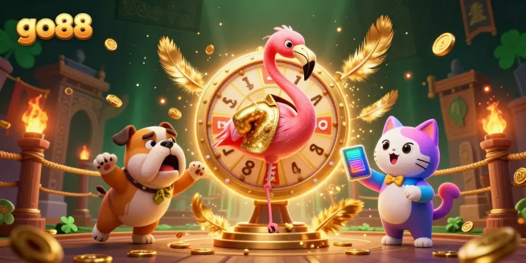 Engage with go88's vibrant 3D gaming scene featuring energetic characters and thrilling prizes.