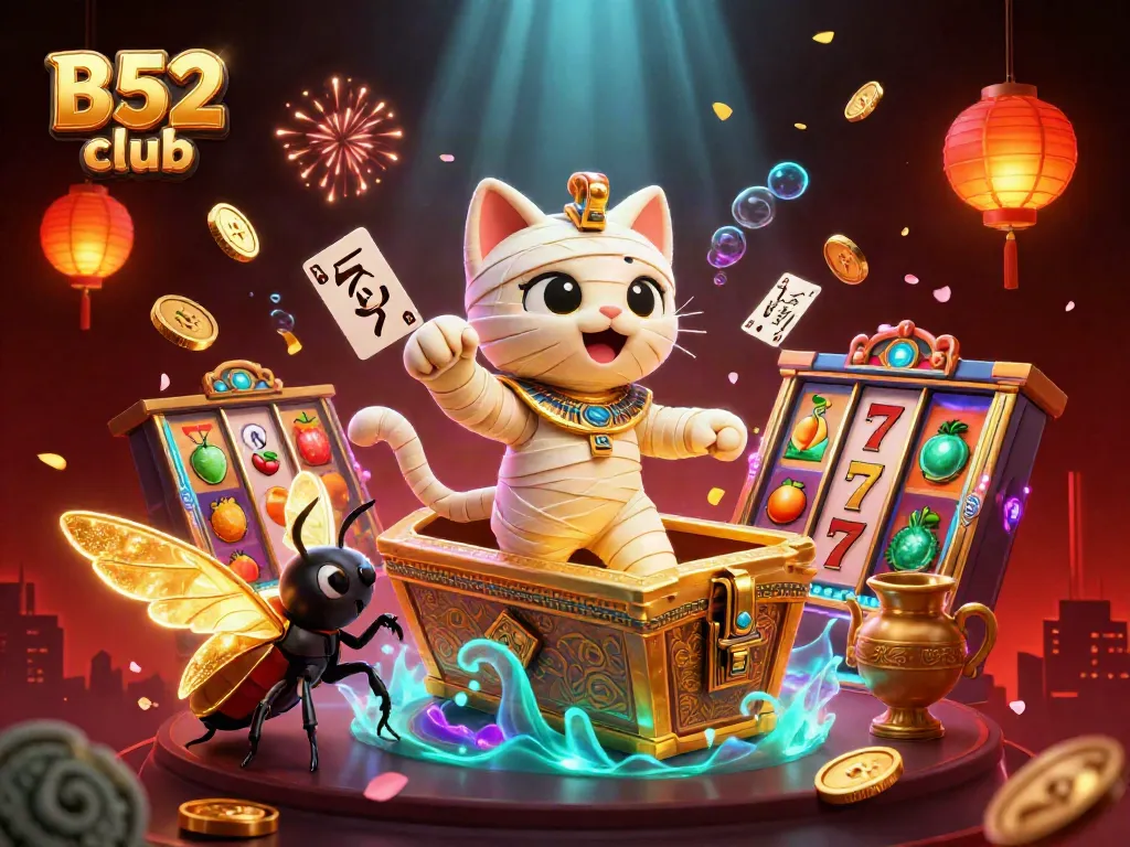 Experience thrilling slots at B52 club with dynamic casino scenes featuring vibrant characters.