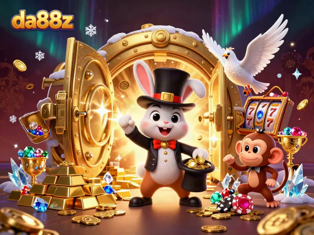 Engage with da88z as the 3D magician rabbit conjures golden coins and excitement in a vibrant casino scene.