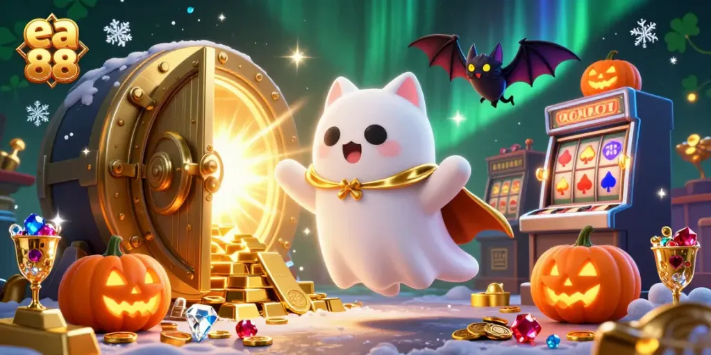 Experience the excitement of gaming at ea 88 with this vibrant illustration of a friendly ghost cat at a casino.