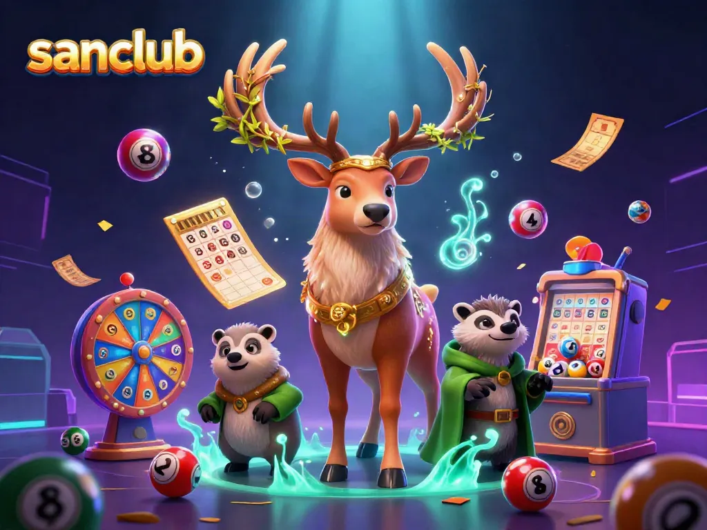 Experience the excitement of sanclub with a vibrant 3D casino illustration featuring dynamic game elements.