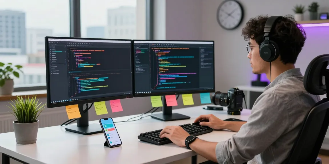 Dynamic workspace showcasing Telegram下载 notifications on a developer’s smartphone and dual coding monitors, highlighting a modern tech environment.