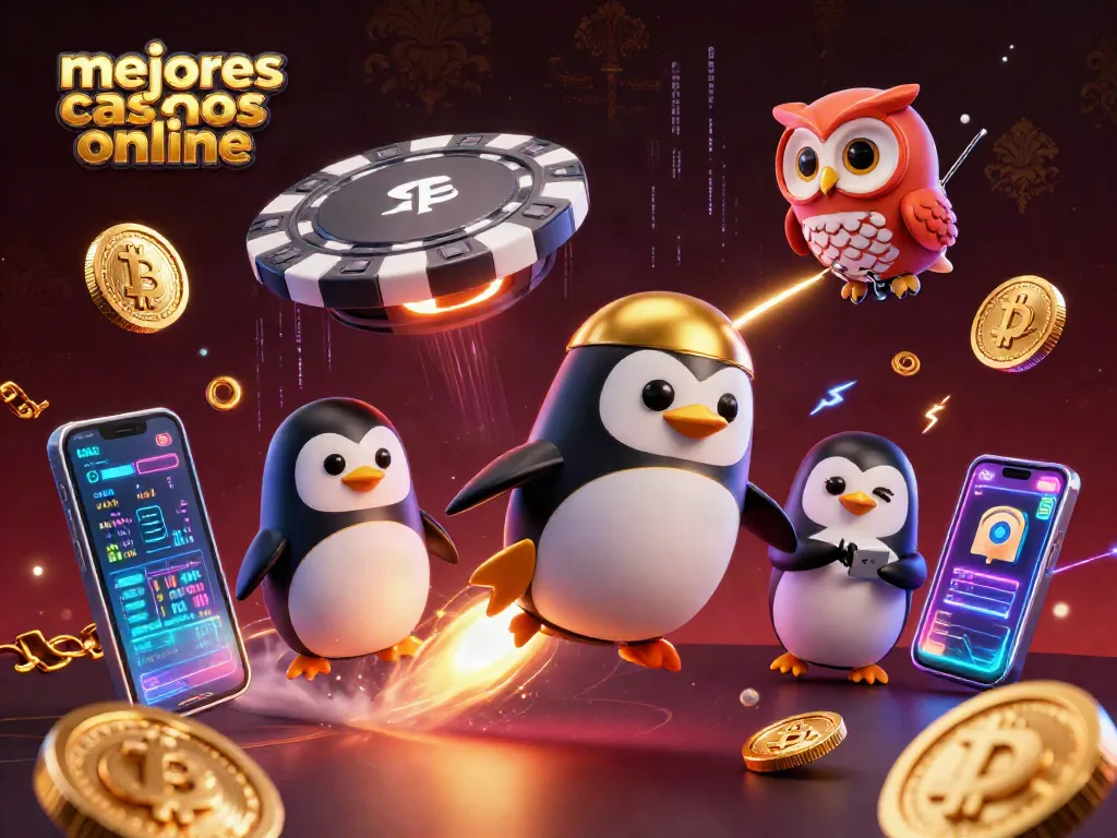 Visualiza los mejores casinos online en acción con un pingüino dorado lanzando monedas.