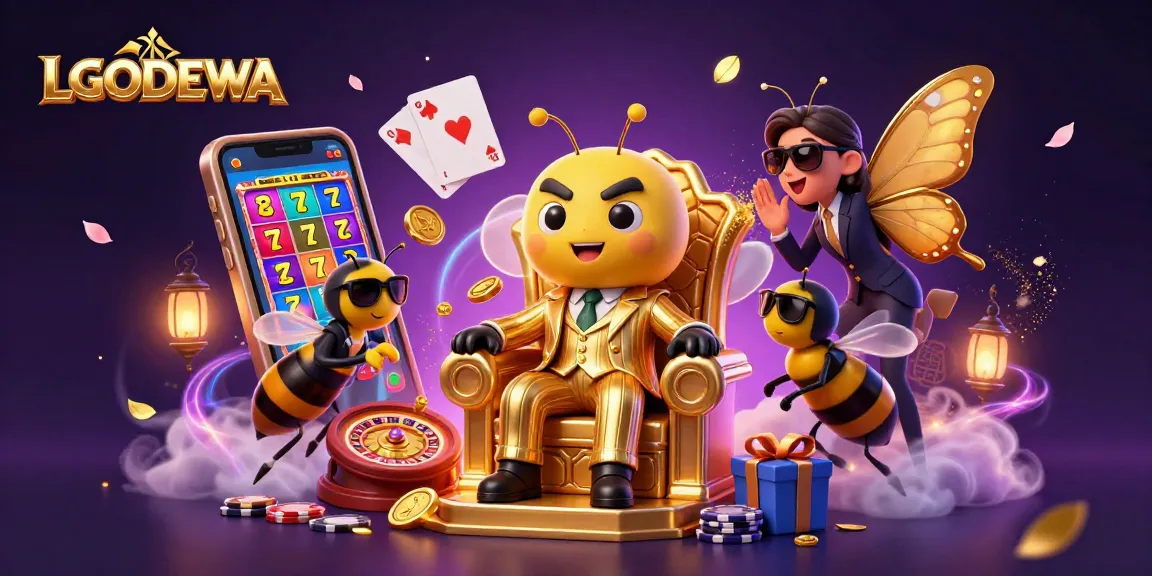 Experience the excitement of LGODEWA with dynamic casino gameplay elements and characters in a vivid digital illustration.