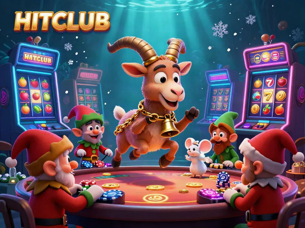 Engage in thrilling gameplay at HITCLUB with festive casino characters and vibrant slot machines.