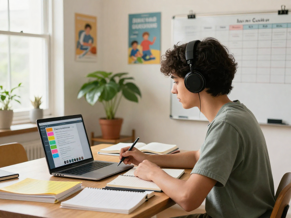 Student in online class for rokok88 login in a vibrant home study with natural light.