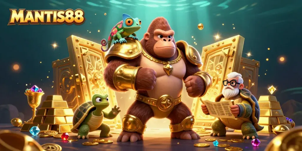 MANTIS88 offers thrilling casino adventures with a gorilla, chameleon, and tortoise amidst treasures.